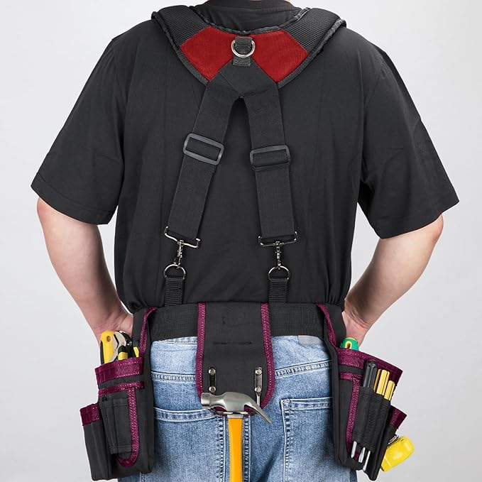 Tool Belt With Suspenders, 24 Pockets Tool Bag with Magnetic Wristband, Detachable Tool Pouch Bag, Adjustable Waists for Men Electrician Carpenter Construction (Red)