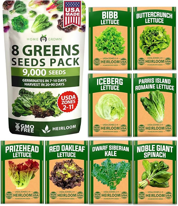 HOME GROWN Lettuce Seeds for Planting - 8 Varieties Non-GMO Heirloom Salad Greens Seeds - 9000+ USA-Sourced Vegetable Seeds for Planting Outdoors, Indoors, Hydroponic Garden