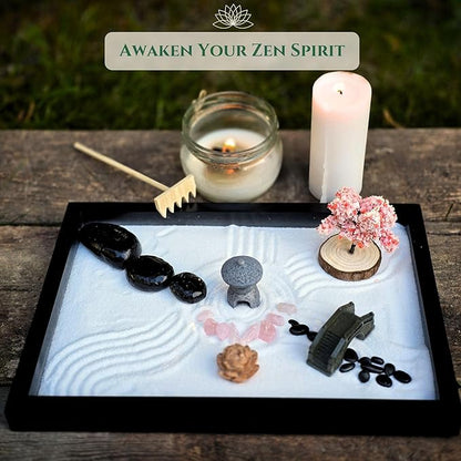 Zen Garden for Desk – Mini Japanese Rock Garden with Crystals, Bonsai Tree & Sand Tools, 11x7.5in Stress Relief Desk Decor, Meditation & Relaxation Gift Set (Black)