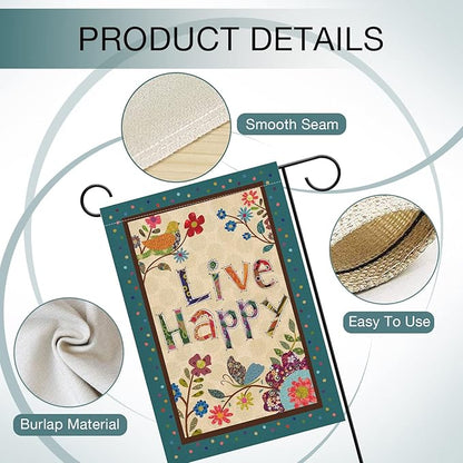 Hzppyz Live Happy Decorative Small Garden Flag Flower Bird, Spring Summer Inspirational Quote House Yard Outdoor Butterfly Floral Decor Double Sided, Fall Positive Farmhouse Outside Decoration 12 x 18