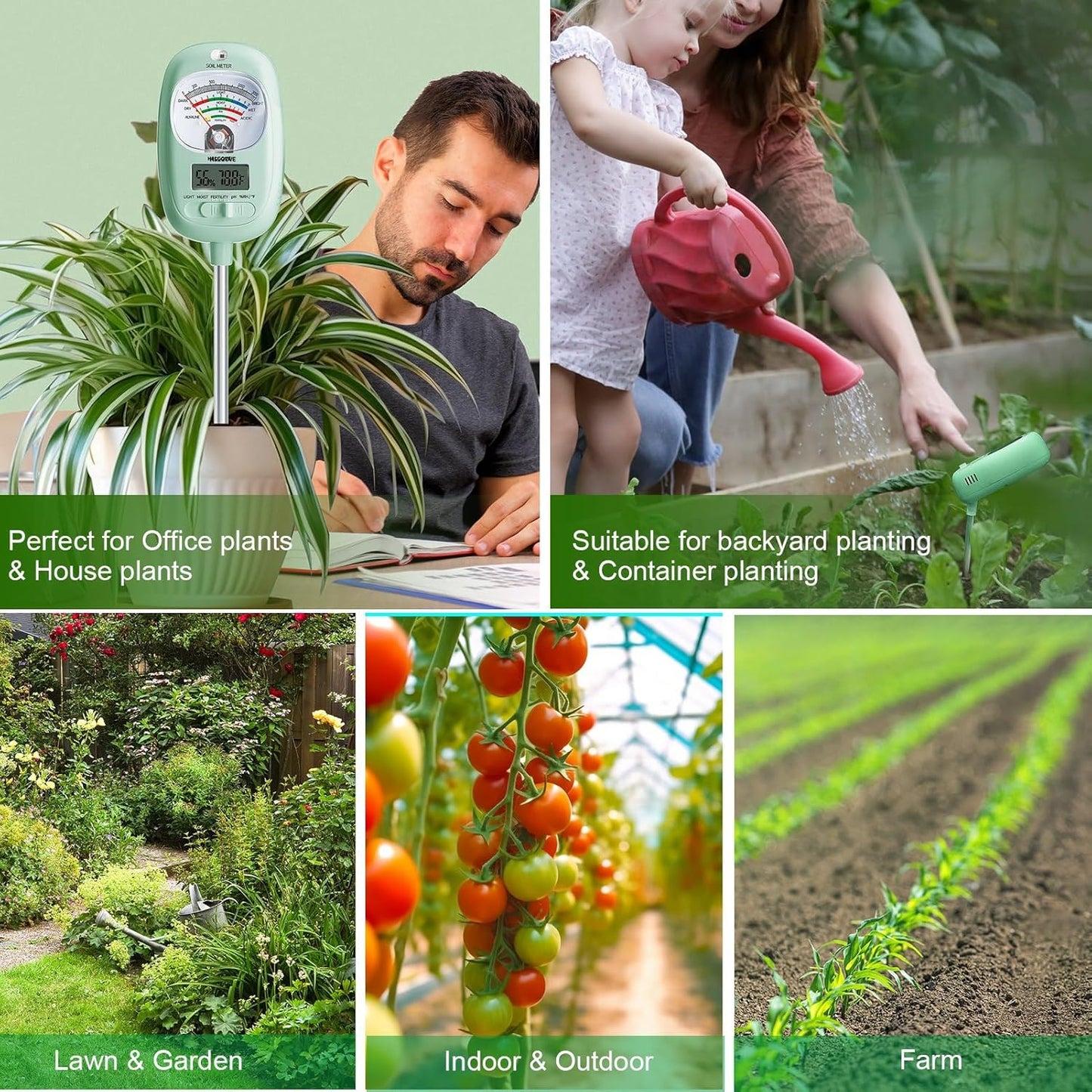 HSLGOVE Soil Test Kit, 7-in-One Soil Moisture Meter/Soil PH Meter/Fertility, Dual Screen Soil Tester w/Digital Soil Temp/Air Temp&Humidity for Plants Gardening,Lawn,Farm Indoor&Outdoor-LeafGreen
