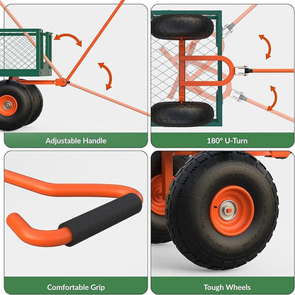 Versatile Garden Cart for Lawn and Yard with Heavy Duty Steel, 900 Lbs Capacity Mesh Steel Garden Cart Folding Utility Wagon with Removable Side Panels, Long Handle, 10" Tires - Green and Orange