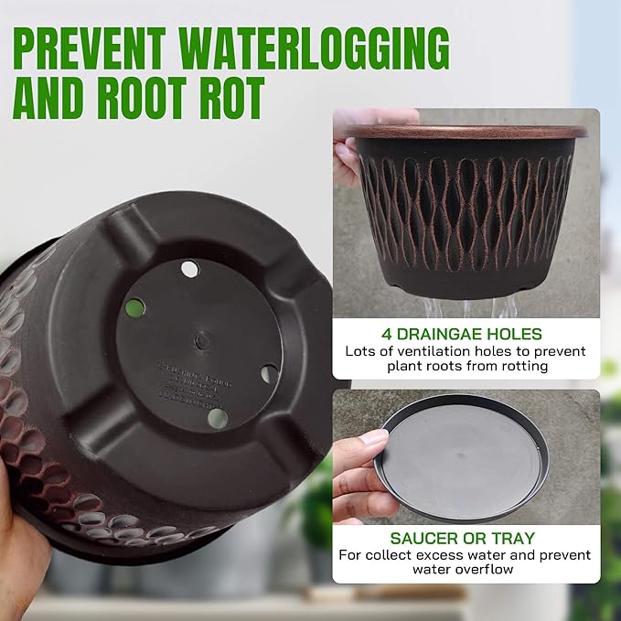 6 Pack 8 Inch Retro Plant Pots, Vintage Striped Flower Pots with Drainage Hole & Saucer, Large Plastic Planters for Indoor and Outdoor Plants, Decorative Garden Pots(Copper)