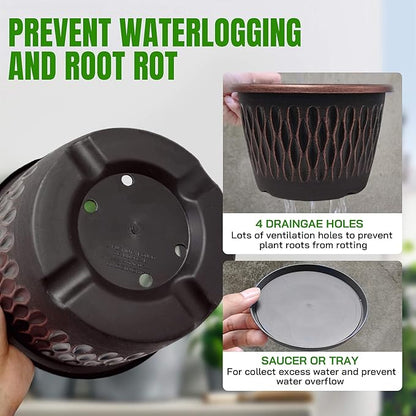 4 Pack 16 Inch Retro Plant Pots, Vintage Striped Flower Pots with Drainage Hole & Saucer, Large Plastic Planters for Indoor and Outdoor Plants, Decorative Garden Pots(Copper)