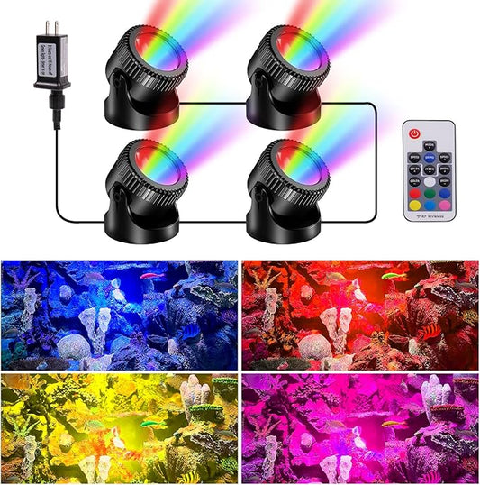 POPOSOAP RGB Underwater Pond Lights with Timer, 20 Colors Dimmable Submersible Led Fountain Lights with IP68 Waterproof, Support Remote Control for Outdoor Ponds Aquarium Garden Pool (4 Set)