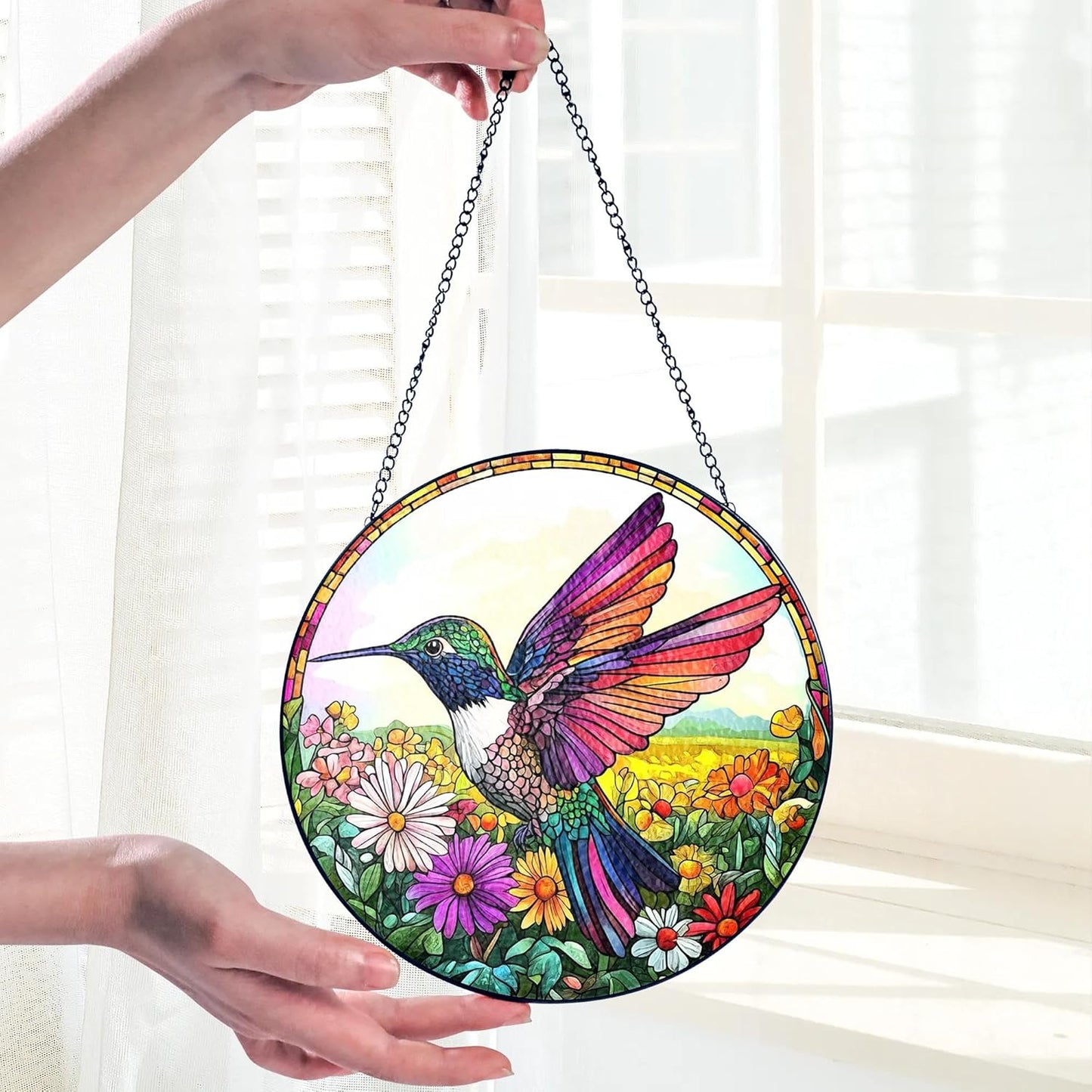 Hummingbird Suncatcher Stained Glass Window Hanging Decor - Hummingbird Gifts for Women, Birds Lovers Spirit Birds Glass Panel Garden Decorations Birthday Christmas for Mom Grandma