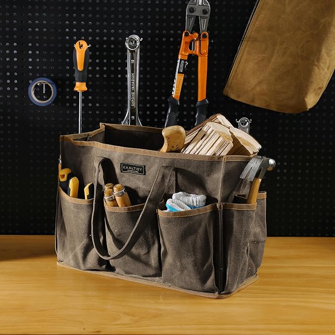16OZ Waxed Canvas Tool Tote Bag for Garden Tools Wrench Set & Screwdrivers | 11-Pocket Garden Tool Bag with Portable Handles, Multi-Purpose Tool Storage Organizer (14"L x 5.5"W x 10.5"H) – Grey