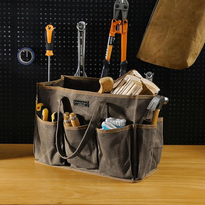 16OZ Waxed Canvas Tool Tote Bag for Garden Tools Wrench Set & Screwdrivers | 11-Pocket Garden Tool Bag with Portable Handles, Multi-Purpose Tool Storage Organizer (14"L x 5.5"W x 10.5"H) – Grey