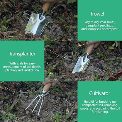 LeMotech Garden Tool Set, 3Pcs Stainless Steel Heavy Duty Gardening Kit Including Trowel Transplanter Cultivator Gardening Hand Tools with Handle, Planting Tool for Women Men