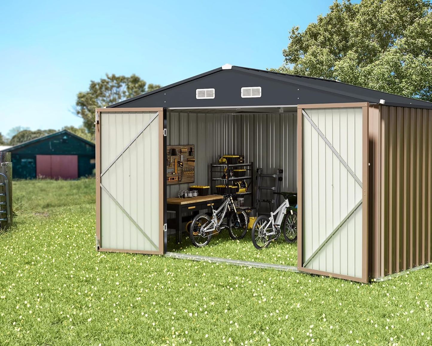 Greesum 10x8FT Outdoor Storage Shed, Utility Tool Shed Metal Storage Garden Shed with Door & Lock for Patio Storage, Brown