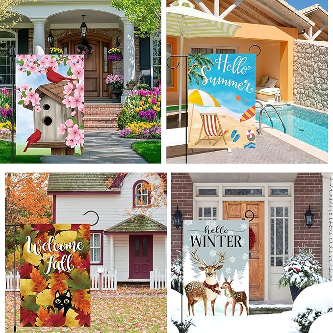 Seasonal Garden Flags Set of 12 Double Sided 12x18 Inch Yard Flags, Small Garden Flags for Outside Featuring Christmas Halloween Fall Winter Spring Easter for Outdoor Garden Holiday Decor All Seasons