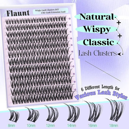 Flaunt Lash Clusters Wispy Cluster Eyelash Extensions 8-18mm Eyelash Clusters C Curl Individual Lashes 144pcs Waterproof Cluster Lashes with Soft Thin Band DIY Lash Extension by Yawamica