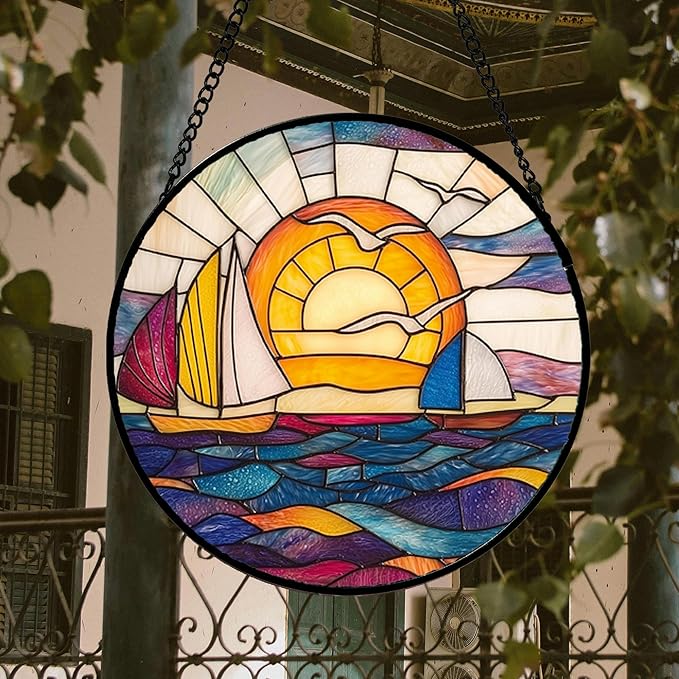 Stained Glass Window Hanging, Sailboat and Waves Suncatcher Diamond Glass Panel Hangings Sun Catchers Decor for Birthday for Women, Men, Wife, Aunt, and Mom 14.9x14.9 in