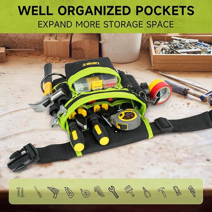 Tool Belt,Magnetic Tool Pouch,14-Pockets Tool Belts for Men,Detachable & Adjustable Tool Pouch belt for Electrician,Carpenter,Construction,Work Apron,Utility Belt,Black-Green