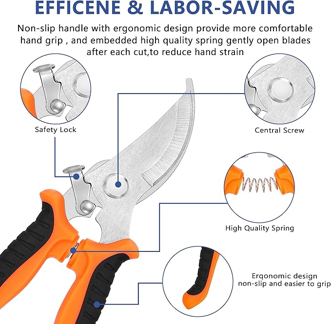 3-pack Garden Pruning Shears Set with Stainless Steel Blades, Bypass Pruners, Handheld Secateurs, Tree Trimmers, with Garden Scissors Whetstone,a Clean Brush and a hard Case