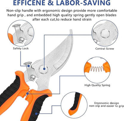 3-pack Garden Pruning Shears Set with Stainless Steel Blades, Bypass Pruners, Handheld Secateurs, Tree Trimmers, with Garden Scissors Whetstone,a Clean Brush and a hard Case