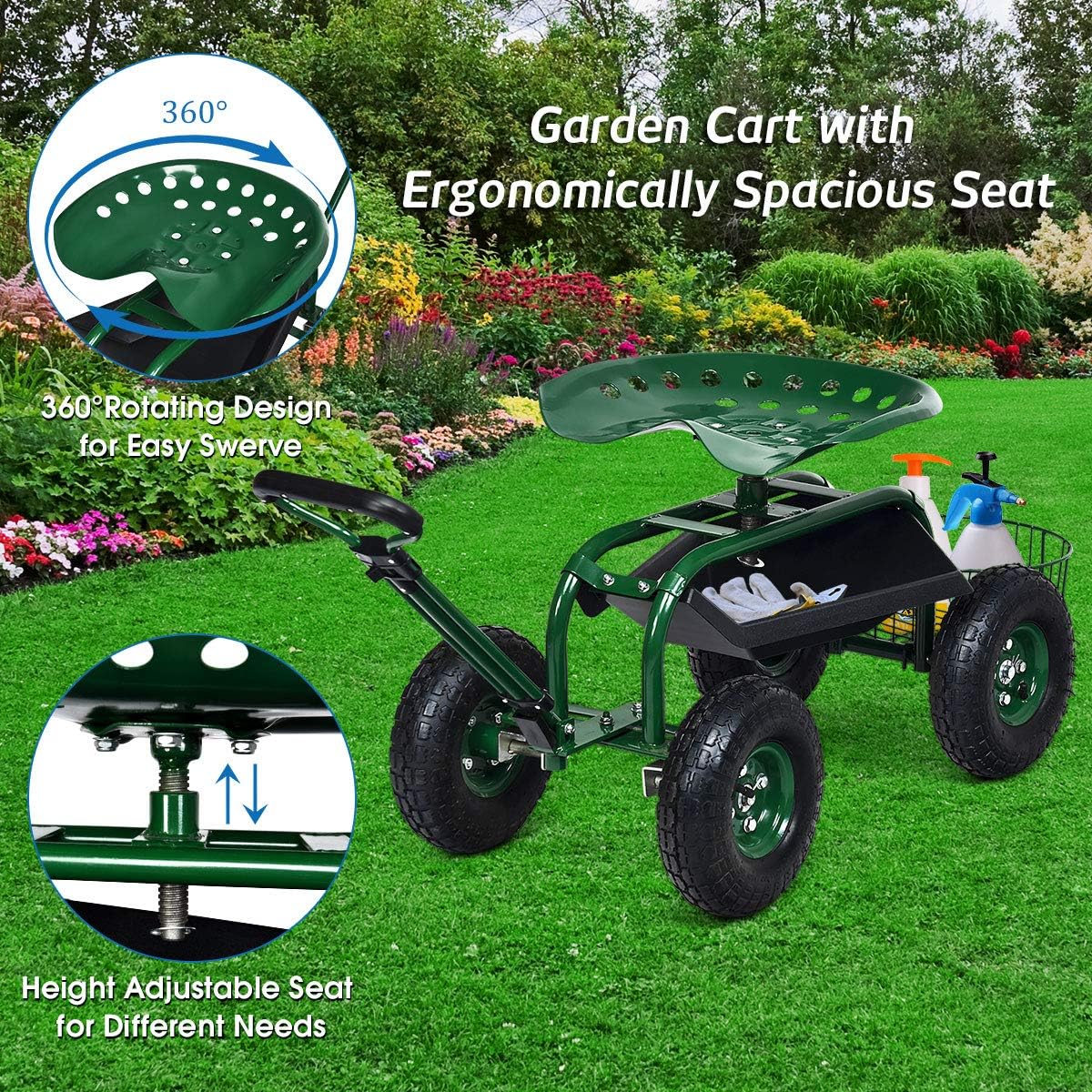 Goplus Rolling Garden Cart with Seat, Outdoor Garden Stool with Wheels, Tool Tray & Basket, Adjustable Steering Handle, 360 Degree Swivel Seat for Planting, Gardening Scooter for Lawn, Yard, Patio