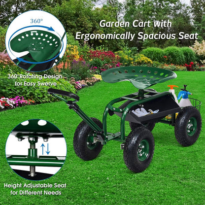 Goplus Rolling Garden Cart with Seat, Outdoor Garden Stool with Wheels, Tool Tray & Basket, Adjustable Steering Handle, 360 Degree Swivel Seat for Planting, Gardening Scooter for Lawn, Yard, Patio