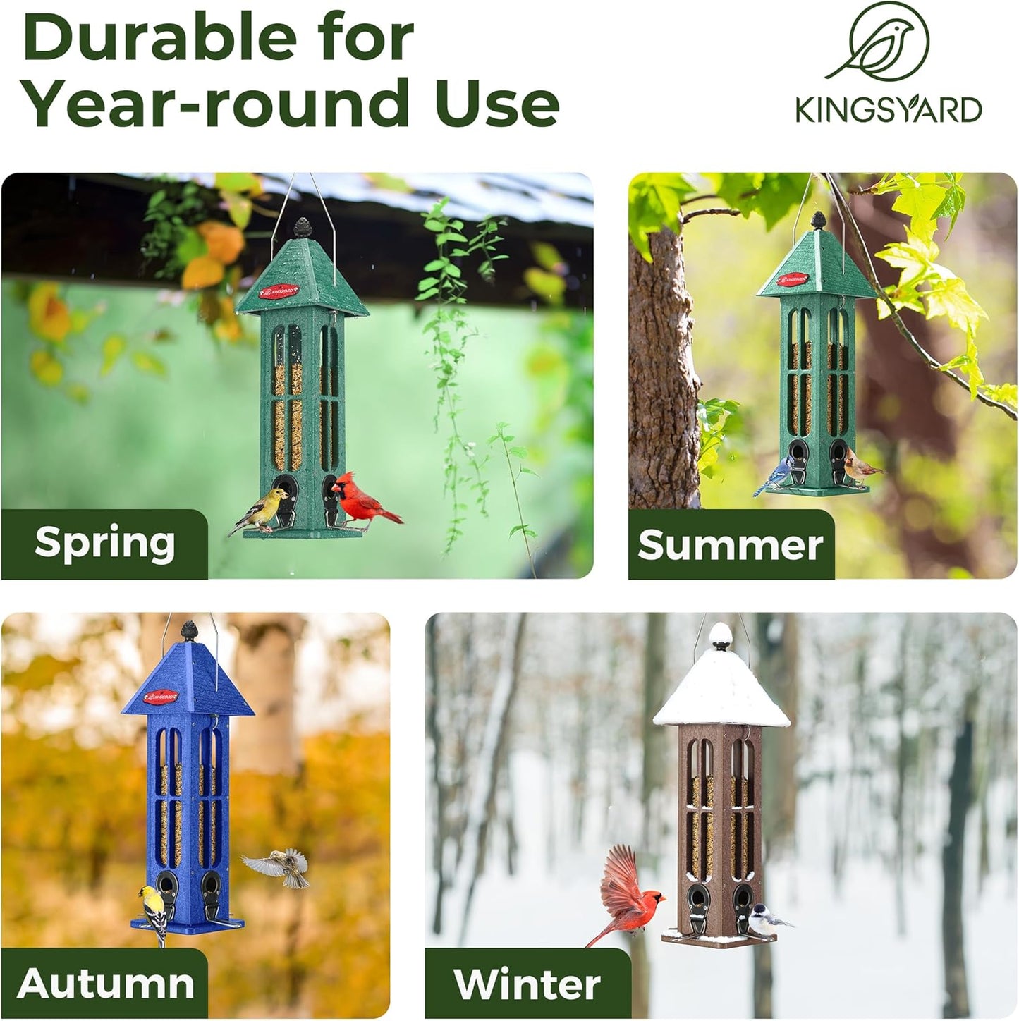 Kingsyard Rainproof Bird Feeder for Outdoor Hanging, Recycled Plastic Wild Bird Feeder with 4 Metal Ports, 3 lbs Large Capacity, Garden Yard Decorations for Bluebird Finches, Blue