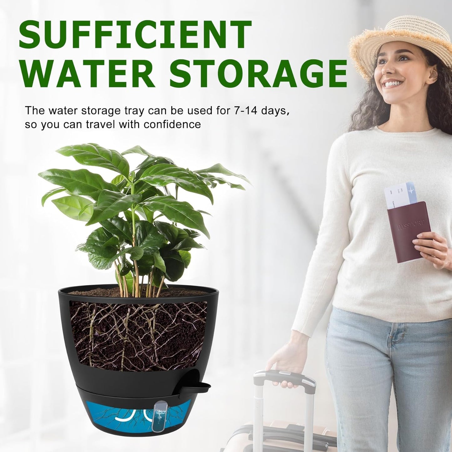 Self-Watering Plant Pots with Water Level Indicator, Drainage Holes & Saucers – 12/10/9 Inch Large Plastic Planter Set for Indoor & Outdoor Plants (Pure Black)