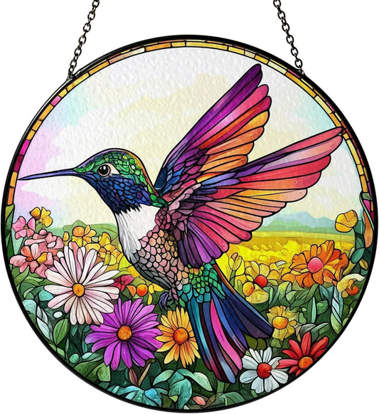 Hummingbird Suncatcher Stained Glass Window Hanging Decor - Hummingbird Gifts for Women, Birds Lovers Spirit Birds Glass Panel Garden Decorations Birthday Christmas for Mom Grandma