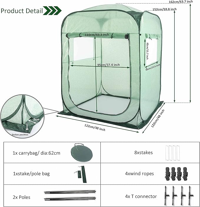 Porayhut Pop Up Greenhouse Tent,Portable X-Large Walk-in Flower House ,Indoor Outdoor Gardening Plant Sunshine Room with PE Mesh Cloth Cover for Protecting Plant from Cold Frost & Birds