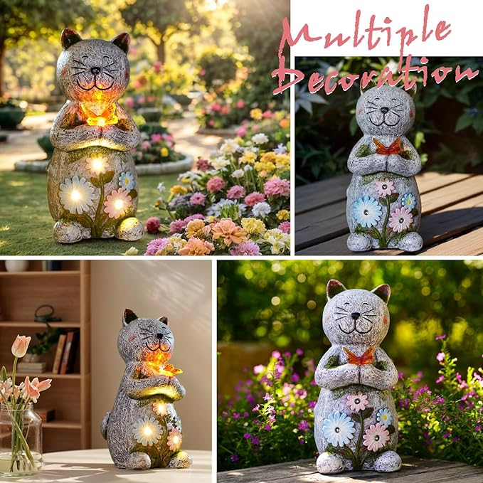 Solar Garden Statue Cat Figurine – Outdoor Decoration with Butterfly for Garden Yard Lawn Home Decor Outside : Unique Gifts for Mom Grandma