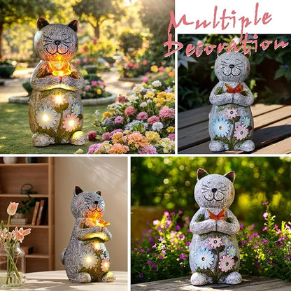 Solar Garden Statue Cat Figurine – Outdoor Decoration with Butterfly for Garden Yard Lawn Home Decor Outside : Unique Gifts for Mom Grandma