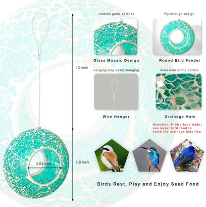 Mosaic Bird Feeder, Outside Hanging with Round Shape Glass BirdFeeders to Attract More Wild Birds, Mosaic Fly Through for Garden, Yard, Backyard, Deck and Porch Decor, Blue 7-Inch