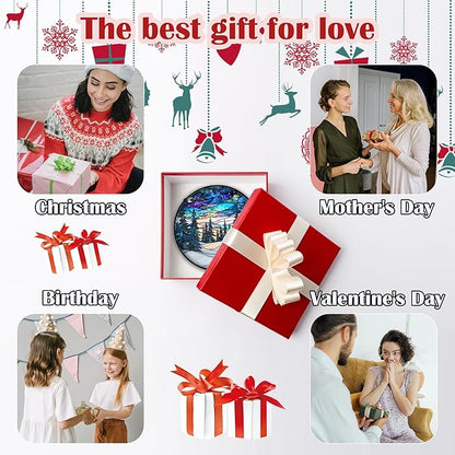 Stained Glass Window Hanging, Starry Sky Trees and Snow Sun Catchers Glass Panel Blue Suncatcher Decor for Birthday for Women, Men, Wife, Aunt, and Mom 7.8 in