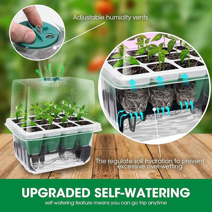 MQUPIN Self Watering Seed Starter Tray with Grow Light,5 Pack/60 Cells Seed Starter Kit with Timing,Humidity Domes,Thicken Tray, Heightened Lids for Greenhouse Seeds Growing Starting