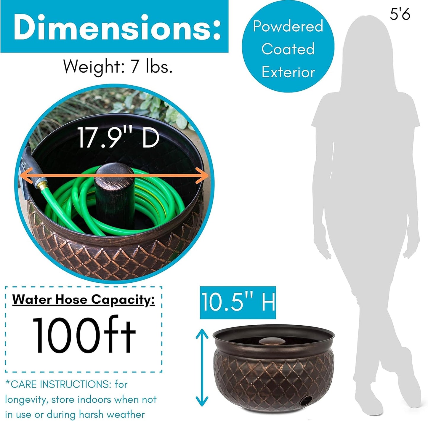 BIRDROCK HOME Water Hose Holder - Decorative Metal Pot, Indoor or Outdoor, Garden Storage Organizer, Patio Portable Bucket - Embossed Steel w/Copper Accents, Holds up to 100ft Hoses, Medium No Lid