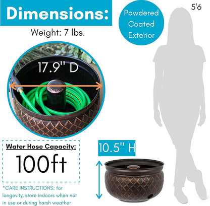 BIRDROCK HOME Water Hose Holder - Decorative Metal Pot, Indoor or Outdoor, Garden Storage Organizer, Patio Portable Bucket - Embossed Steel w/Copper Accents, Holds up to 100ft Hoses, Medium No Lid