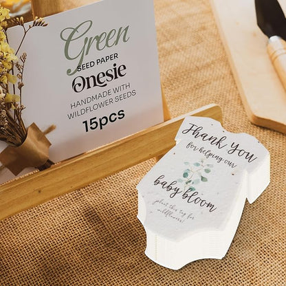 Onesie Seed Paper – 15 Green Baby Shower Favors for Guests with Wildflower Seeds, Writable & Plantable, Baby Shower Gifts for Guest