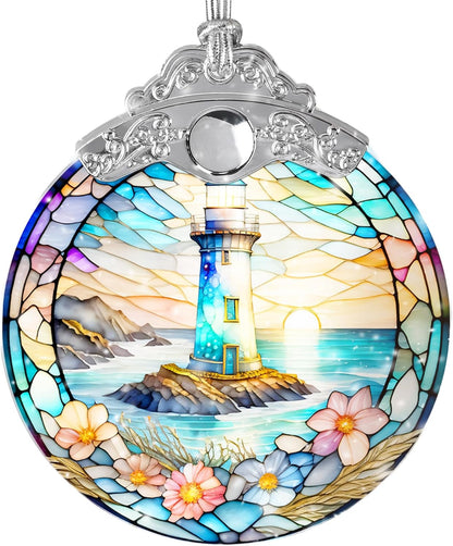Stained Glass Suncatcher, Jocidea Lighthouse Ornament, Christmas Ornaments, Holidays Ornaments, Christmas Tree Decor, Lighthouse Decor for Home, Lighthouse Gifts