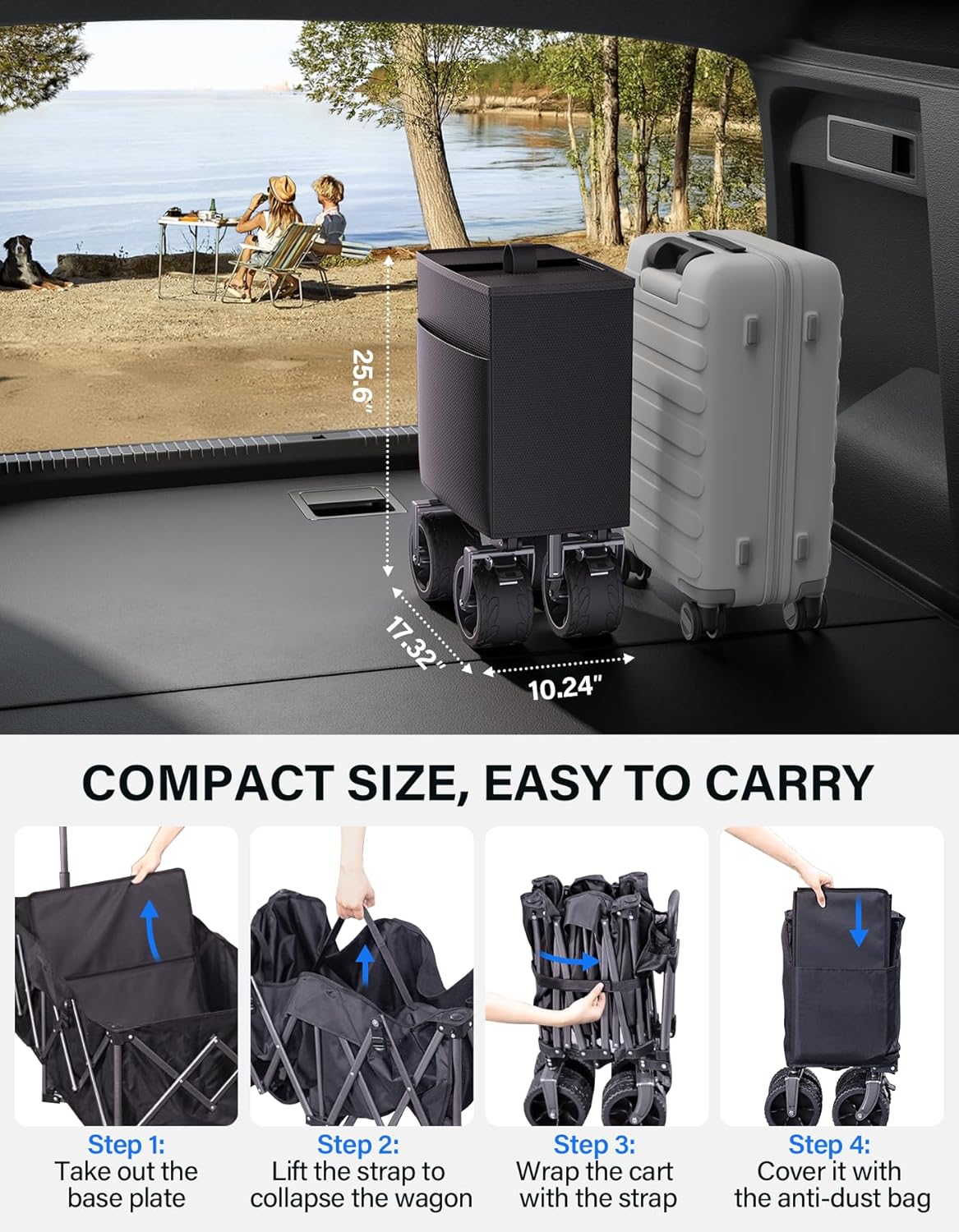 Collapsible Wagon, 440lbs Foldable Wagons Carts with Big Wheels, Heavy Duty Folding Wagon for Beach/Garden/Camping/Grocery-Ink Black