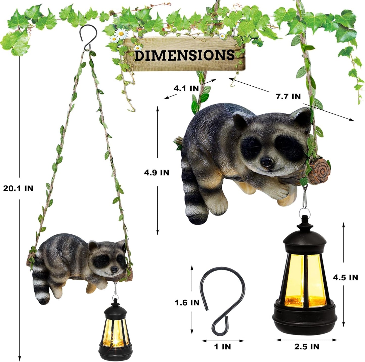 Solar Lighted Garden Outdoor Statue, 20.1" H Hanging Swing Lying with A Sleeping Raccoon and A LED Lantern, Resin Animal Figurine Hanging Ornaments with Hook for Decoration & Gift