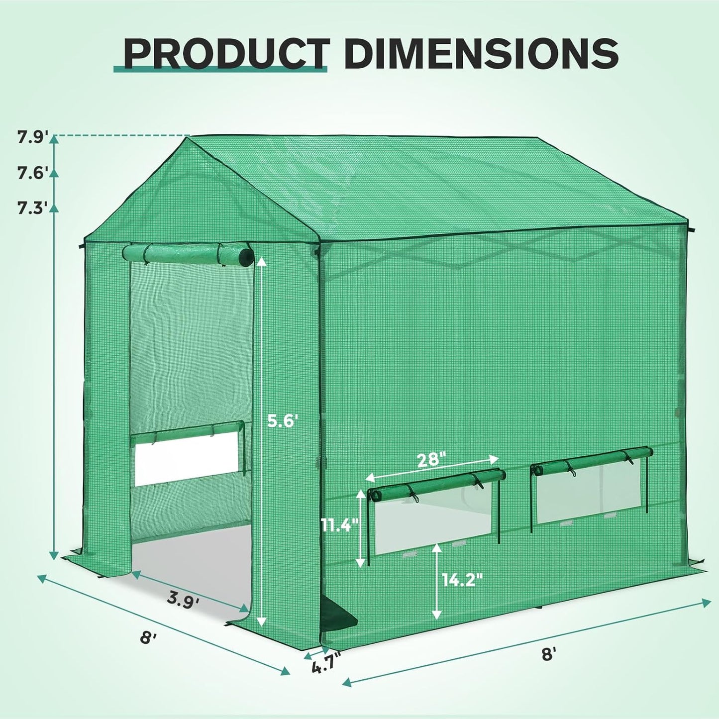 COOS BAY 8x8 FT Portable Walk-in Greenhouse, Pop up Outdoor Green House with Power Access Openings, Zippered Doors & Windows, Durable PE Cover, Green