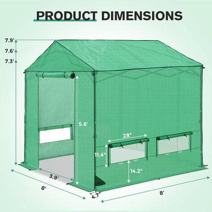 COOS BAY 8x8 FT Portable Walk-in Greenhouse, Pop up Outdoor Green House with Power Access Openings, Zippered Doors & Windows, Durable PE Cover, Green