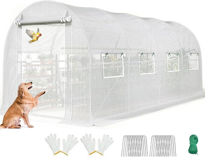 KING BIRD Premium 15x6.6x6.6FT Greenhouse for Outdoors, Large Walk-in Upgraded Galvanized Metal Frame, Mesh Door Screen Window Improved Zipper Tunnel Hoop for Garden Plant Winter, White