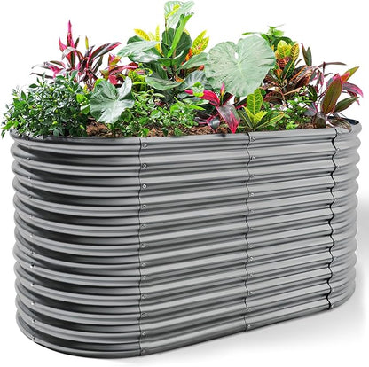 Land Guard 8x4x3ft Oval Galvanized Raised Garden Beds, Large-Capacity Metal Planter Box Outdoor, Durable Deep Raised Garden Bed 3ft Tall, Raised Beds for Gardening Vegetables, Modern Gray