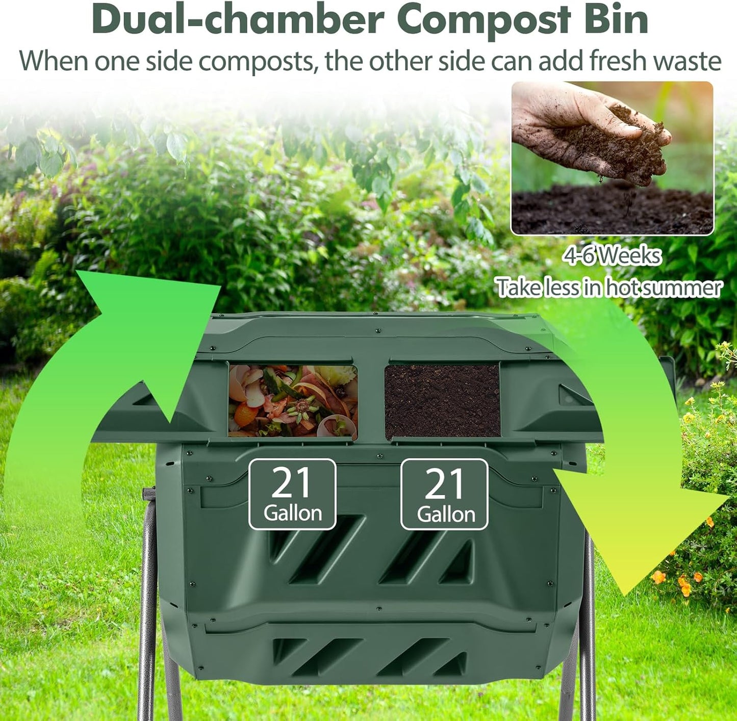 S AFSTAR Composter Tumbler Outdoor, 42-Gal Dual Chamber Tumbling Composter with 2 Sliding Doors, Metal Frame, BPA-Free Large Rotating Compost Bin Tumbler for Garden Yard Waste (Green)