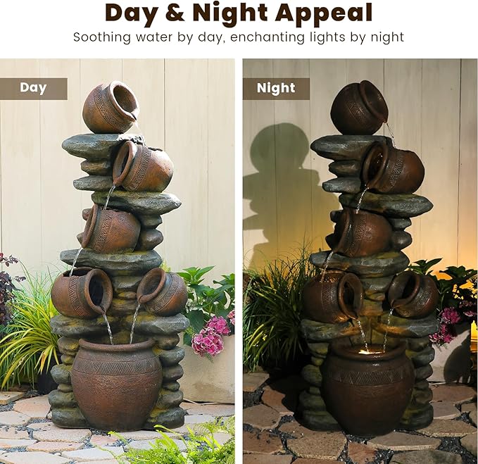 59.84 Inch Outdoor Water Fountain with LED Lights and Pump - Freestanding Waterfall Garden Feature for Patio, Yard, Courtyard