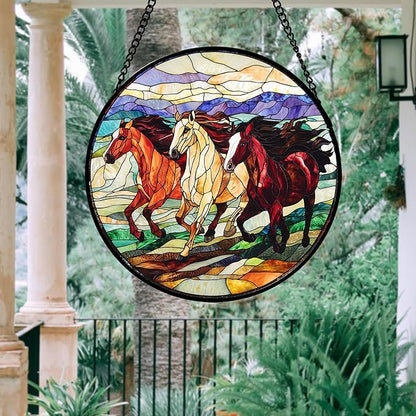 Stained Glass Window Hanging, Colorful Landscape Running Horse Suncatcher for Doors Window Home Sun Catchers Decoration Mother's Day Birthday Gifts for Women, Men, and Mom 7.8x7.8 in