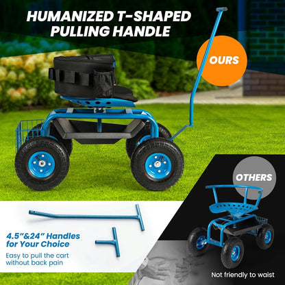 Giantex Garden Cart, Rolling Workseat with 4 Wheels, Tool Tray, Removable Cushion, Storage Basket, 2 Handles, Adjustable Height & 360 Swivel Work Seat, Gardening Stool for Patio Lawn (Blue & Black)