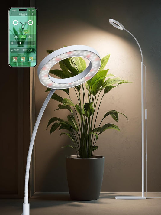 GLOWRIUM Smart Grow Lights for Indoor Plants with Auto Timer, Full Spectrum LED Floor Plant Light for 3 Spectrum Modes,6 Dimmable Levels,63inch Adjustable Height for Large Plants (White, 20W)