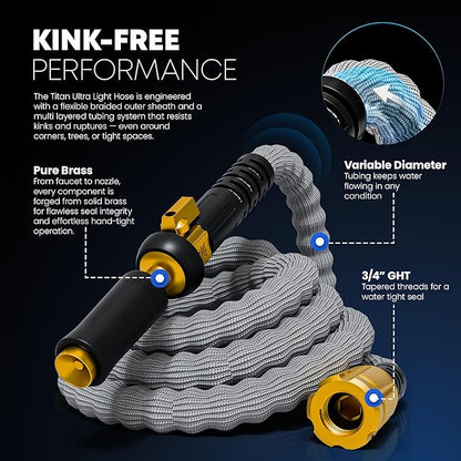 TITAN Flexible Garden Hose 100FT – Ultra Lightweight, Heavy Duty Water Hose with Brass Fittings & Jet Nozzle – Kink-Free, Non-Expanding, Durable Fabric Hose for Yard, Lawn, Car Wash, Outdoor Use