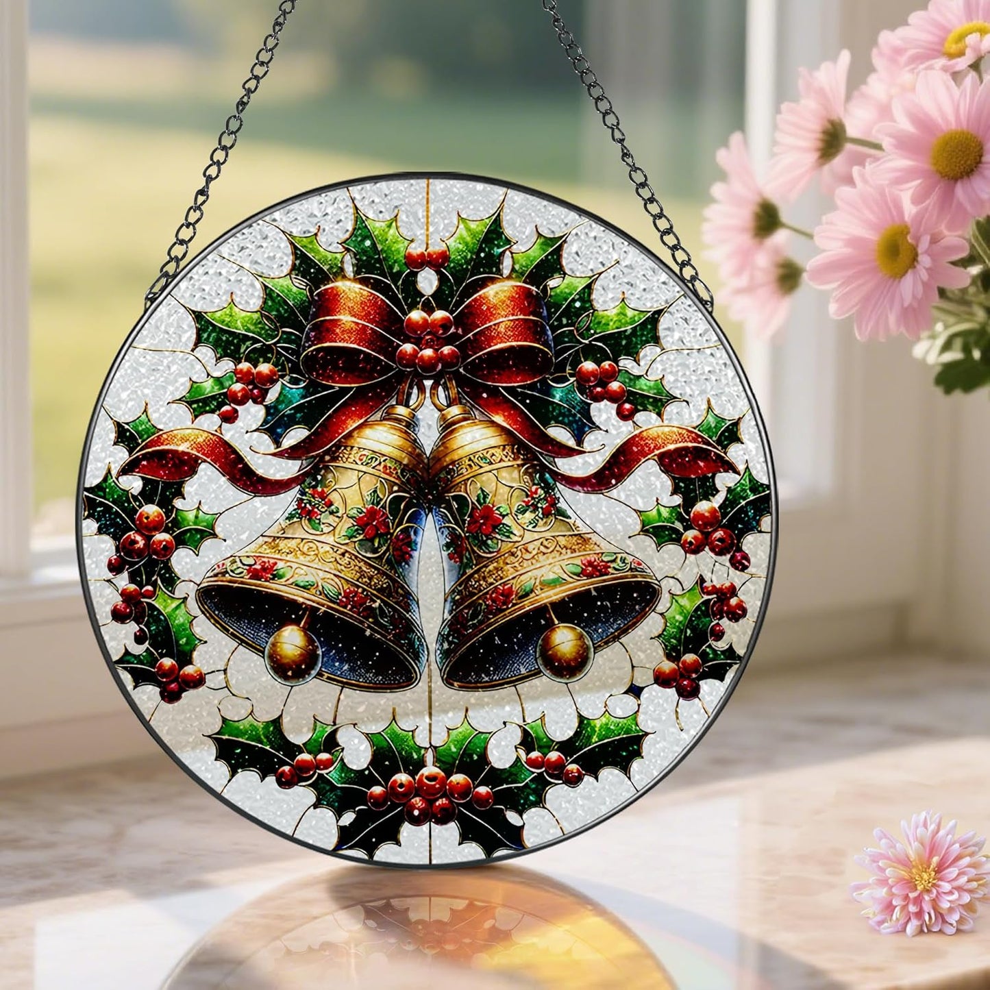 Stained Glass Window Hanging, Pauyadu Sun Catchers Indoor Window, Bells Christmas Suncatcher, Christmas Home Decor, Festive Gifts for Friends, Neighbor - 8 Inch