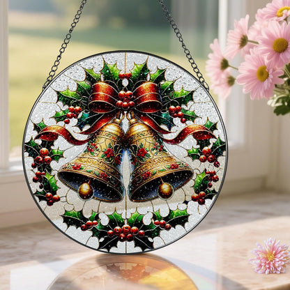 Stained Glass Window Hanging, Pauyadu Sun Catchers Indoor Window, Bells Christmas Suncatcher, Christmas Home Decor, Festive Gifts for Friends, Neighbor - 8 Inch