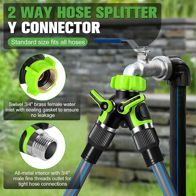 Garden Hose Spiltter, 2 Way Y Spigot Adapter with Shutoff Valves, Heavy Duty Metal Body Outdoor Faucet Connector, Leakproof 3/4" GHT Thread Hose Bib Splitter with 2 Extra Rubber Washers & Tape